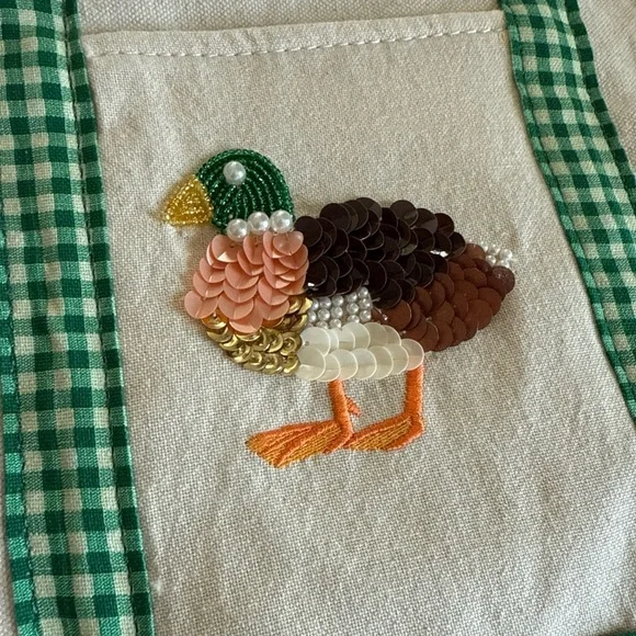 Anthropologie Embroidered Duck Tote - Green and Cream embroidered beaded new - Picture 3 of 7